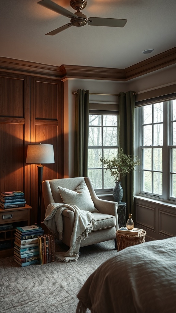 A cozy reading nook with an armchair, window, and stacks of books.