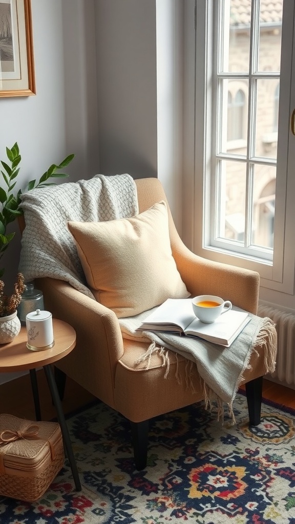 Cozy reading nook with armchair, blanket, book, and tea by the window