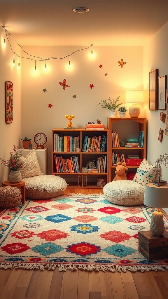 A cozy reading nook for young readers featuring colorful cushions, a vibrant rug, and bookshelves filled with children's books.