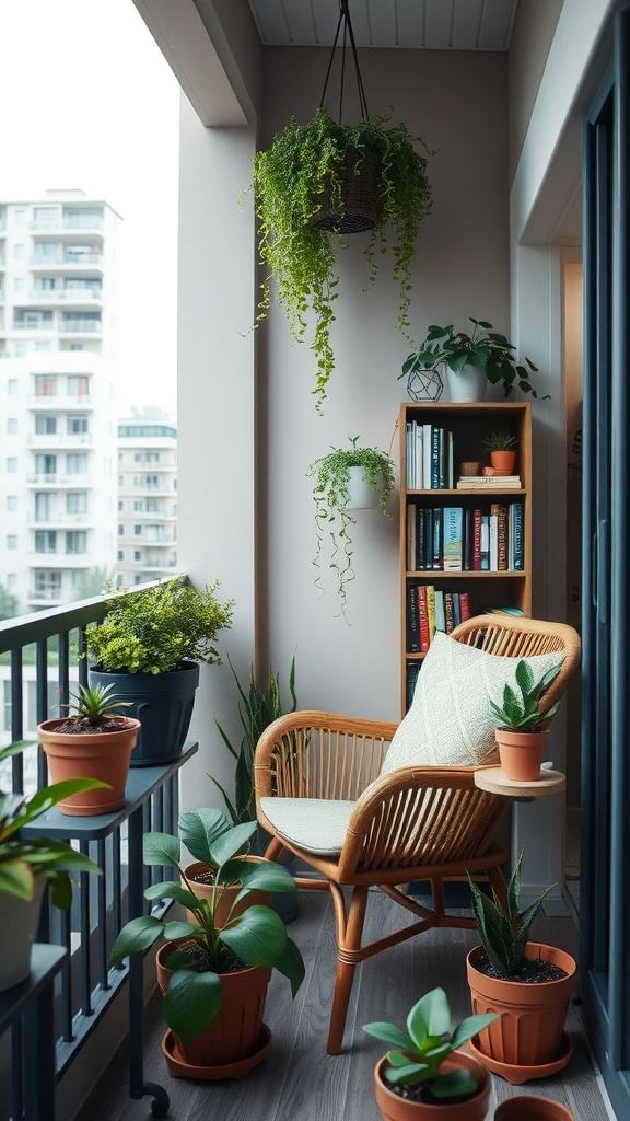 A cozy reading nook on a small balcony featuring a rattan chair, potted plants, and a bookshelf