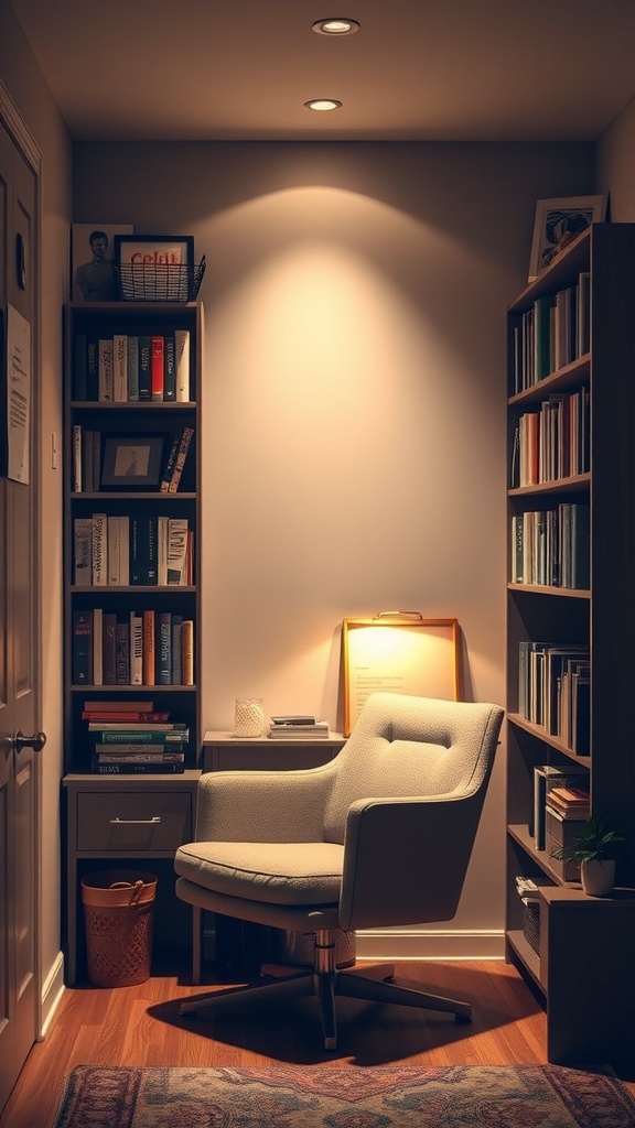 Cozy reading nook with a plush chair and bookshelves in a small office.