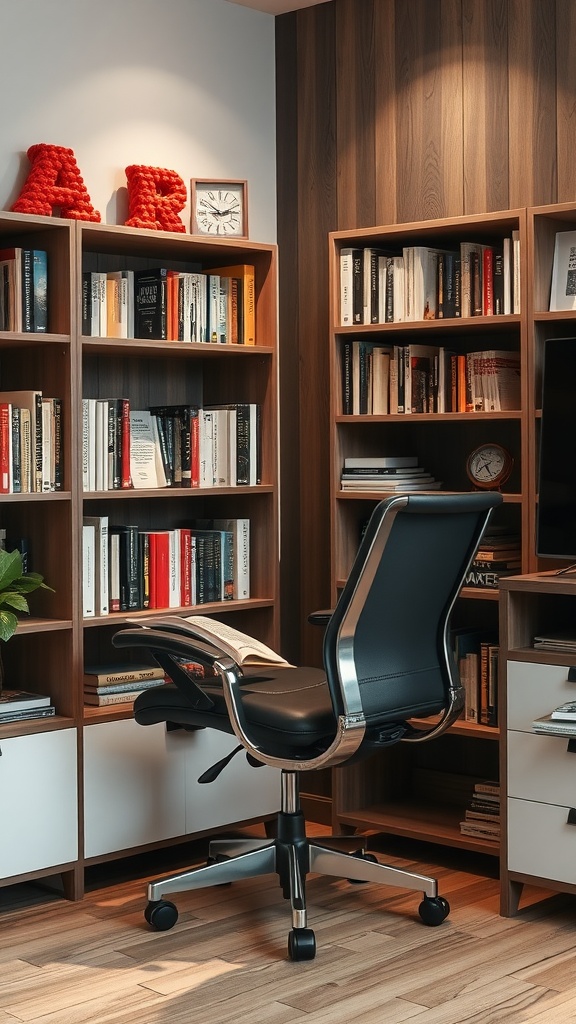 Cozy reading nook with an ergonomic chair and bookshelves filled with books.