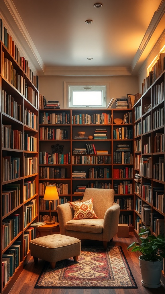 Cozy reading nook with floor-to-ceiling shelves, featuring a comfortable chair and warm lighting.