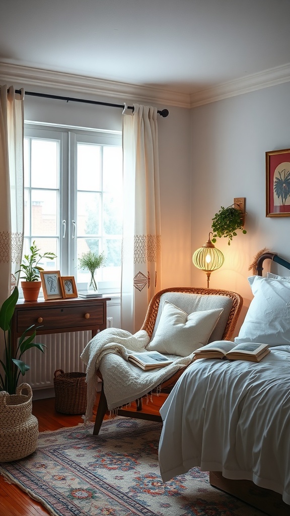 A cozy reading nook in a boho bedroom with a chair, blanket, books, and plants.