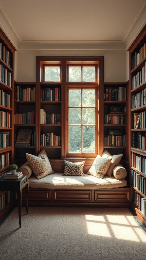 Cozy reading nook with window seat surrounded by bookshelves.