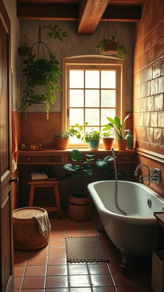 Cozy bathroom featuring terracotta tiles, a bathtub, plants, and wooden accents.