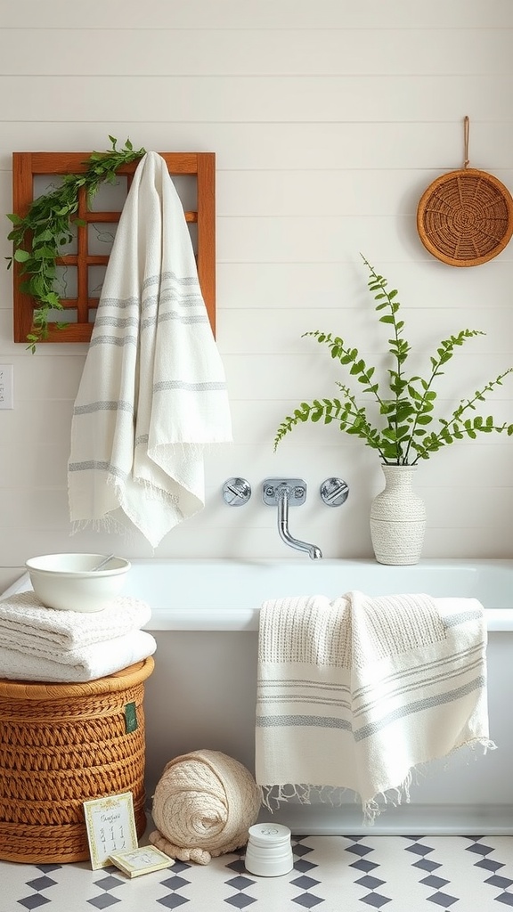 Cozy farmhouse bathroom with soft towels, a wicker basket, and a potted plant