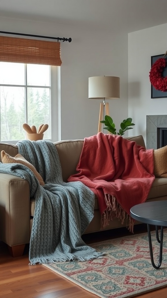 Cozy farmhouse living room with a beige sofa draped with blue and red throw blankets, decorative pillows, and a potted plant.