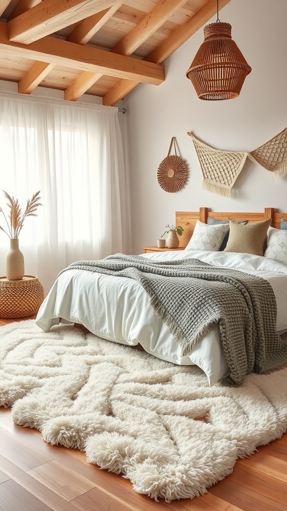 A cozy Scandi Boho bedroom with a fluffy rug, wooden accents, and natural light.