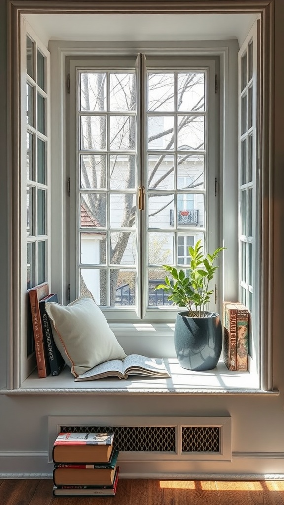 Cozy kitchen window seat with books and a plant