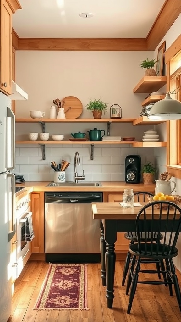 A small Craftsman kitchen featuring warm wood tones, open shelving, and a cozy dining table.