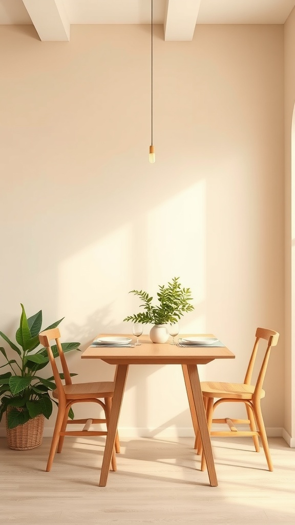 A small dining area with creamy beige walls, a wooden table, and green plants, creating a warm and inviting atmosphere.