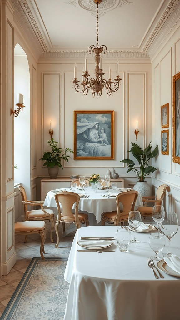 Interior of a small dining area featuring creamy ivory walls, elegant chandelier, and tasteful decor.