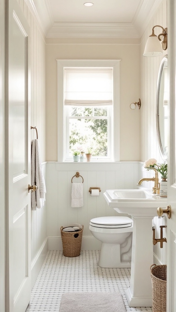 A stylish powder room featuring creamy off-white walls, gold accents, and a clean, modern aesthetic.