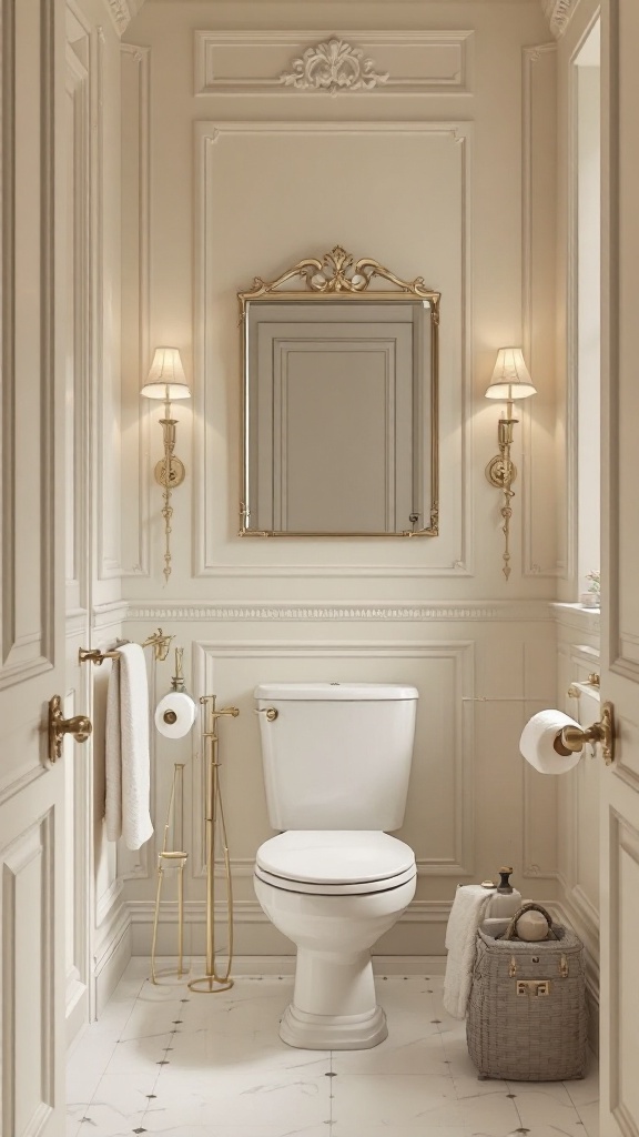 A small, elegantly designed bathroom featuring creamy off-white walls, a chandelier, and classic fixtures.