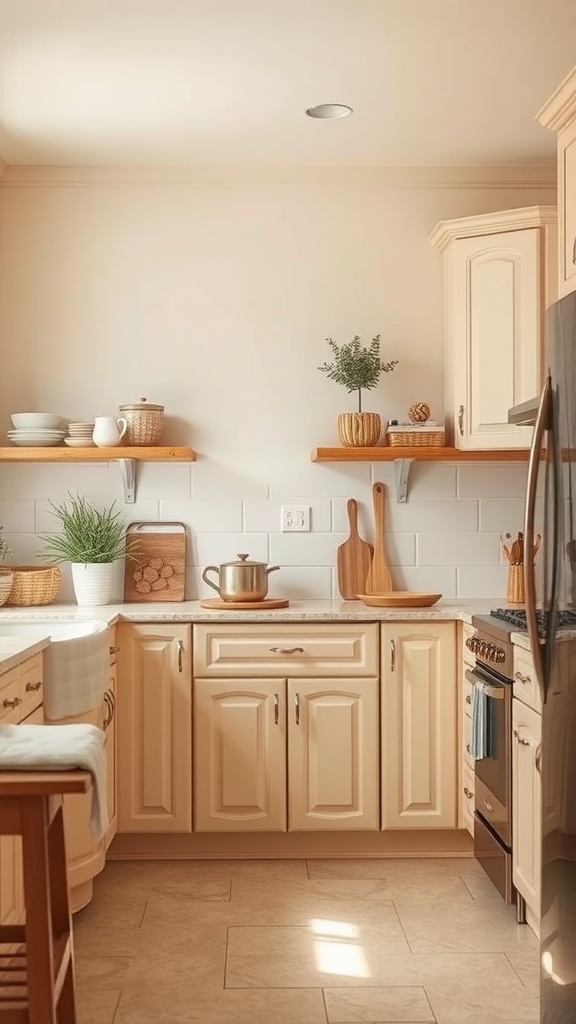 A cozy kitchen featuring creamy pastel colored cabinets with wooden shelves, a kettle, and decorative plants.