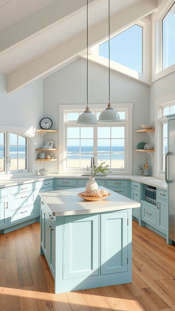 Coastal kitchen design with blue cabinetry and large windows overlooking the beach.