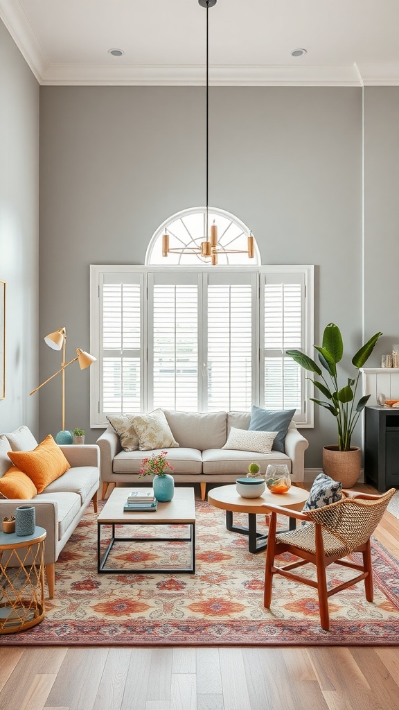A bright living room and dining room combo featuring neutral walls, colorful accents, and modern furniture.