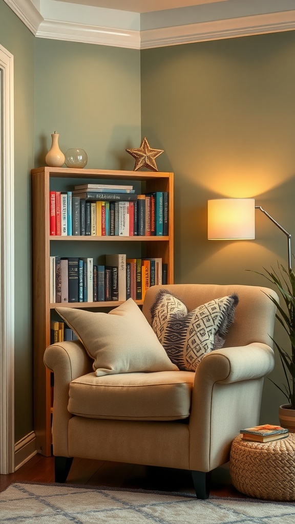 A cozy reading nook with a sage green wall, an armchair with cushions, a bookshelf filled with books, and warm lighting.