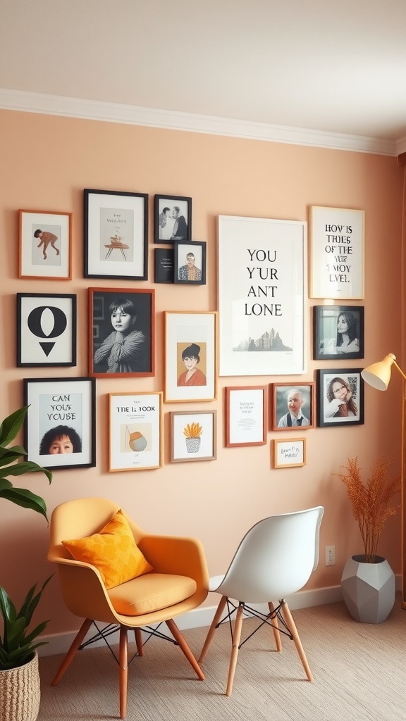 A stylish gallery wall displaying a variety of black and white framed photos above a cozy living room setting.