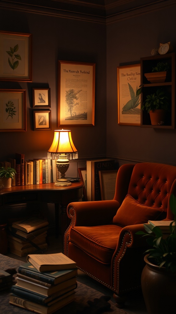 A cozy corner of a bedroom featuring an orange armchair, a lamp, framed artwork, bookshelves, and potted plants.