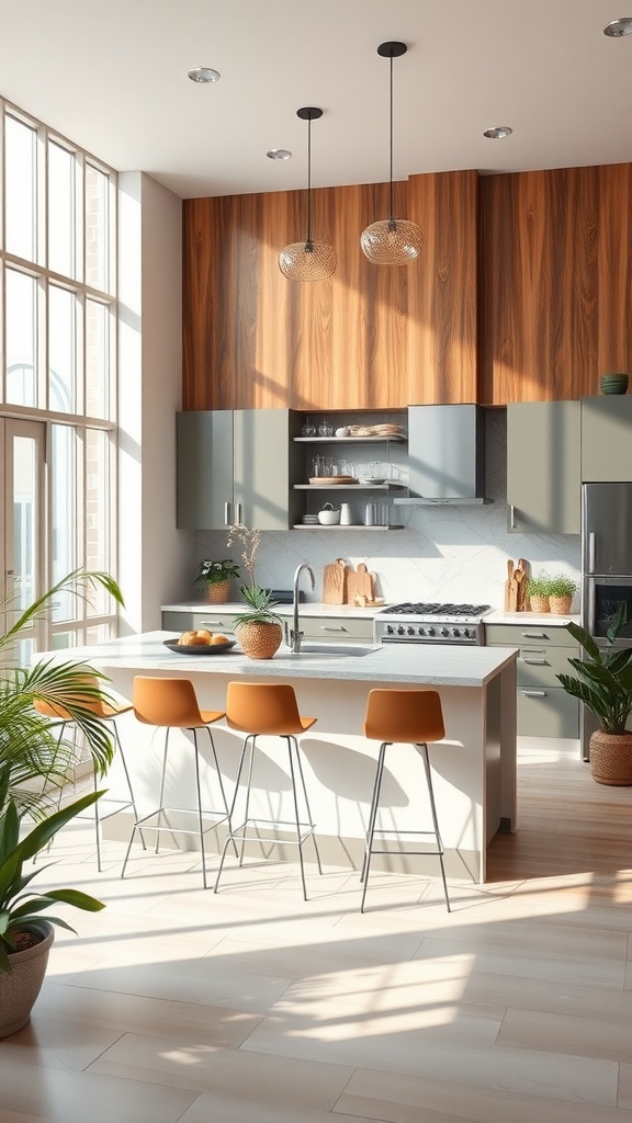 A modern kitchen with a peninsula, featuring large windows, wooden cabinets, and stylish orange stools.