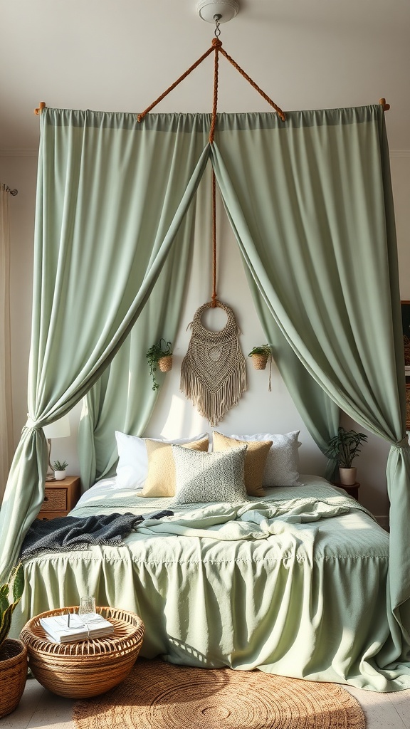 A cozy bedroom featuring a sage green canopy bed with draped fabric, woven baskets, and decorative pillows.