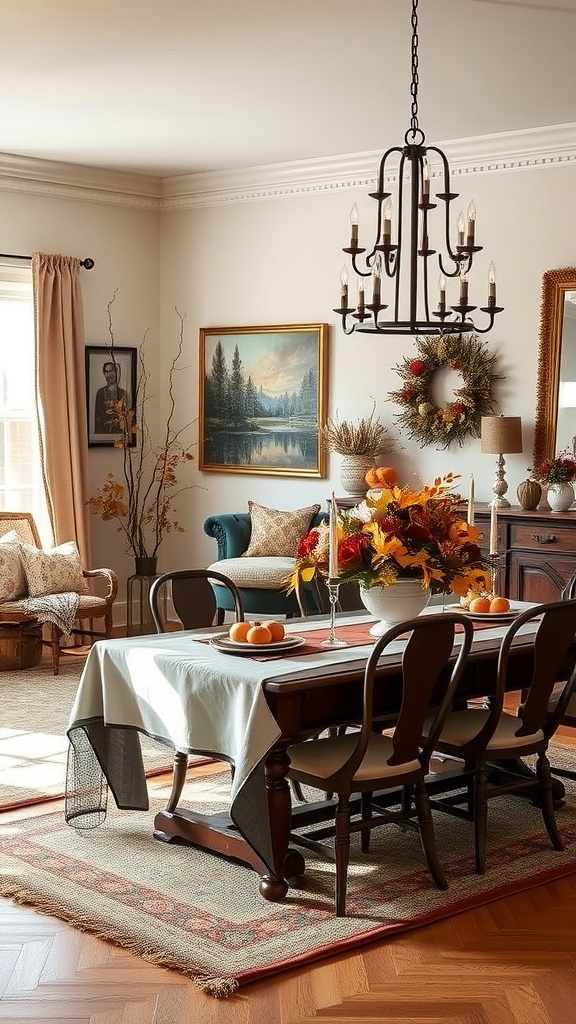 Cozy dining area decorated for autumn with flowers, oranges, and warm tones