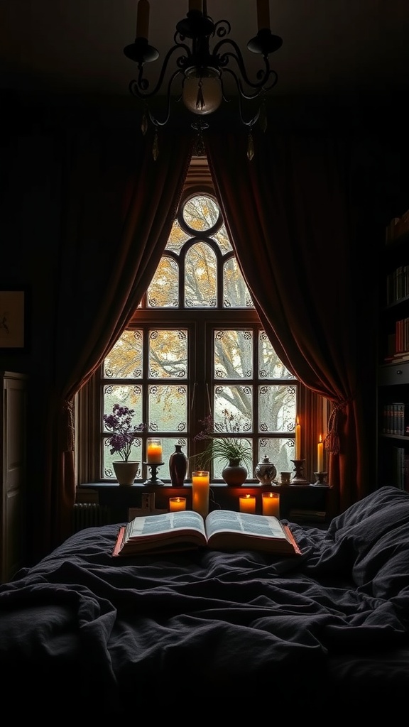 A cozy Dark Academia bedroom featuring a dramatic window with dark curtains, candles, plants, and an open book.