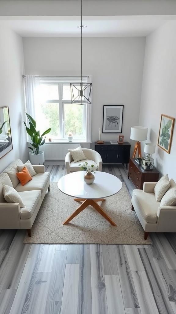 A small living room with two chairs facing each other around a round coffee table, with a large window and decorative elements.