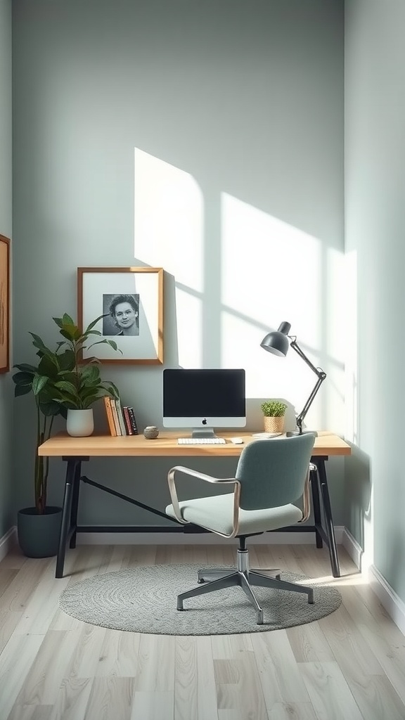 A feminine small home office featuring a light color palette, with a desk, chair, plant, and natural light.