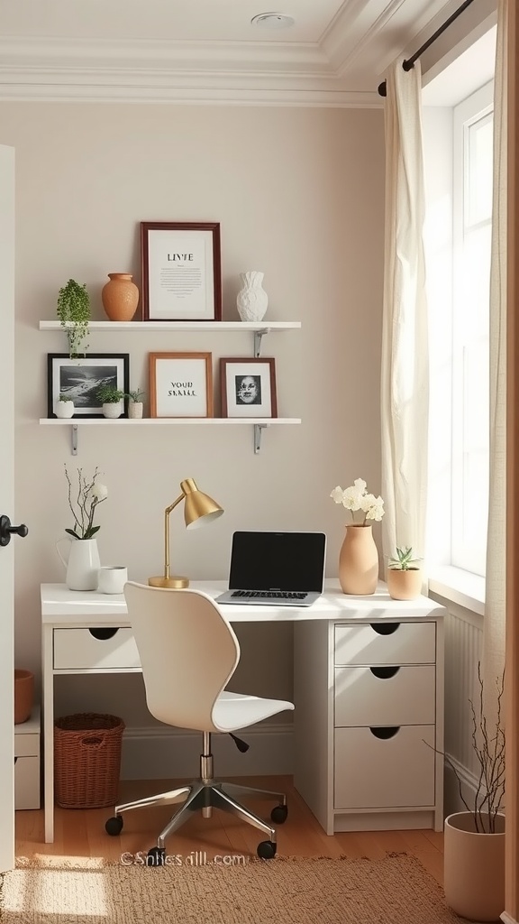 A feminine small home office featuring a white desk, a chair, and floating shelves with decor and plants.