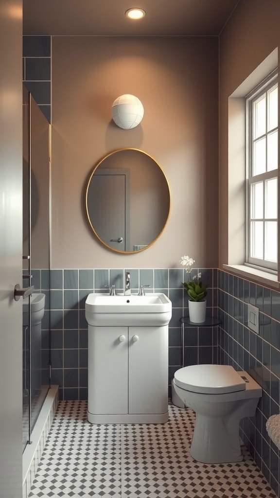 A modern small bathroom featuring neutral walls, dark tiles, a round mirror, and a potted plant.