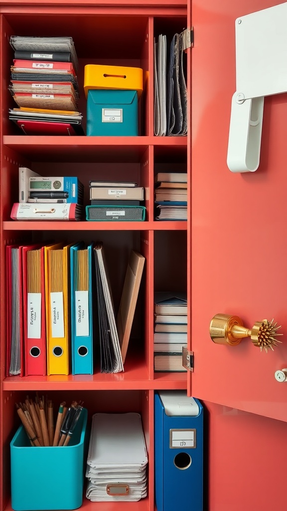 A color-coded filing cabinet with various storage options, showcasing organized files and supplies.