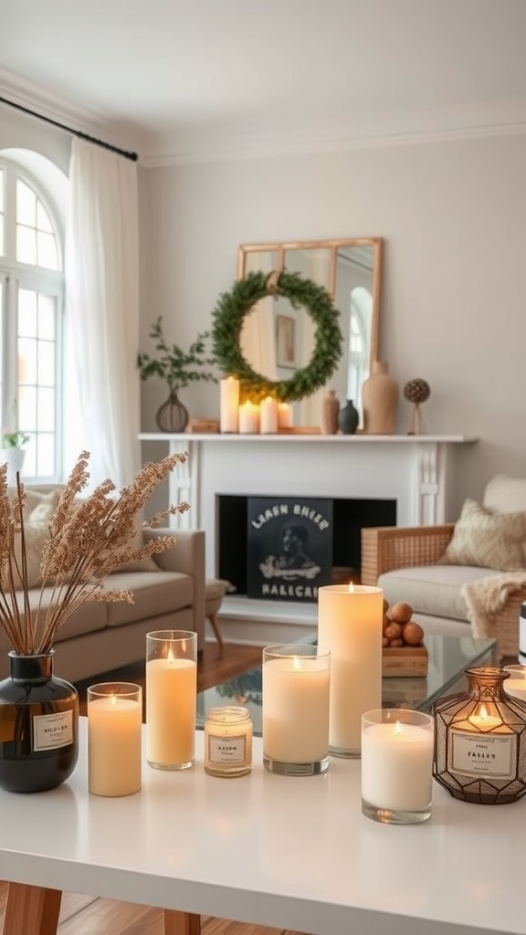 Cozy farmhouse living room with candles and decorative elements on a table