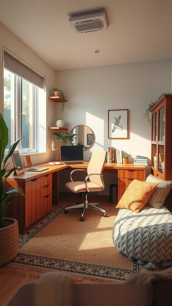 A cozy small home office featuring a desk, chair, cushions, and plants