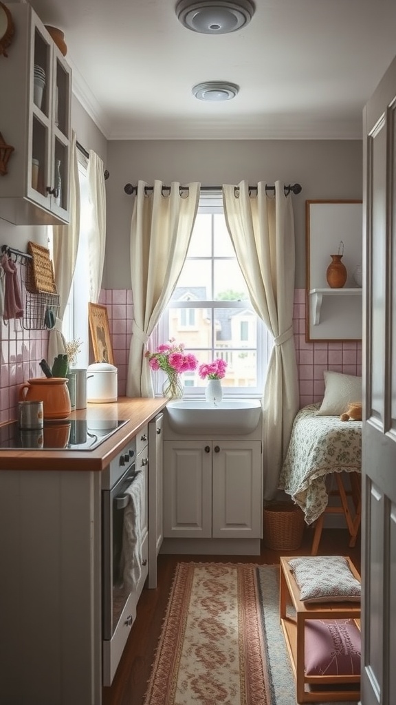 Cozy small kitchen with warm wood tones, textiles, and plants.