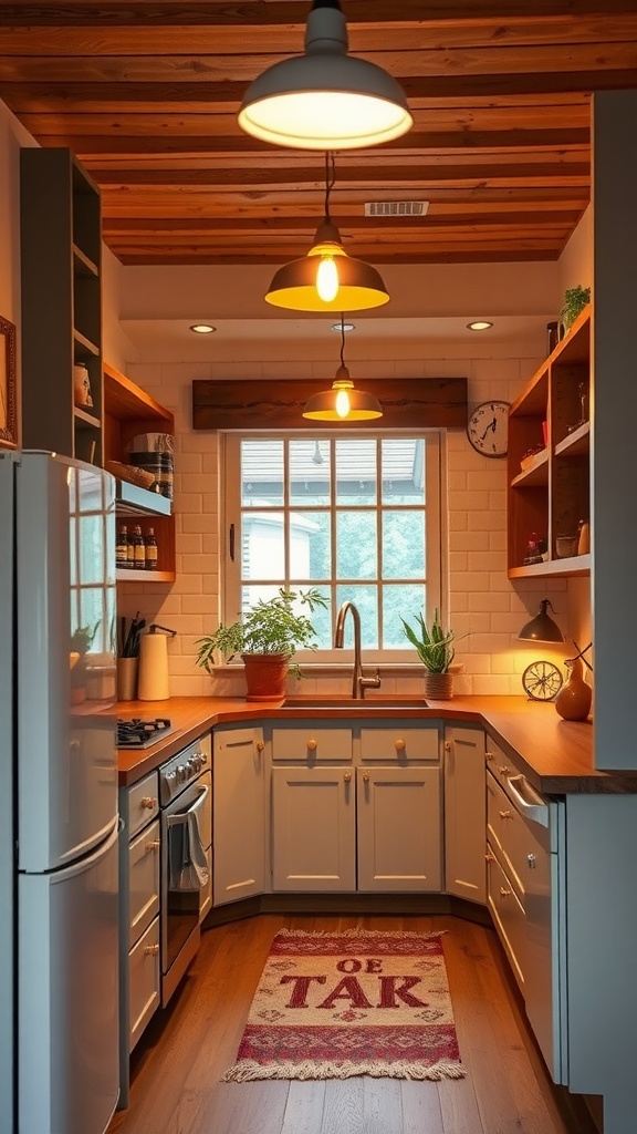 Cozy tiny kitchen with warm lighting and wooden features