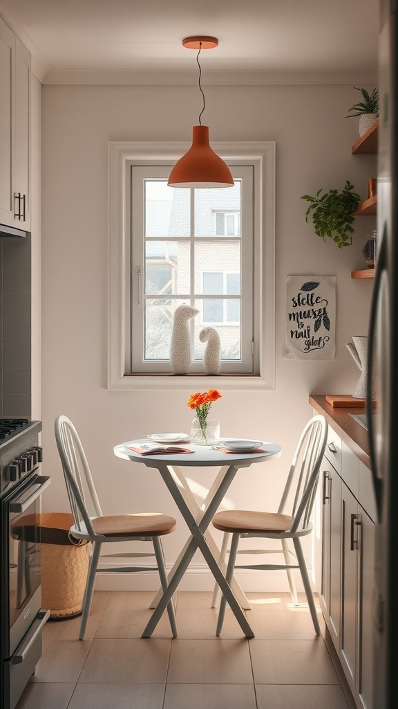 A cozy breakfast nook with a round table, two chairs, and a vase of flowers in a small kitchen.