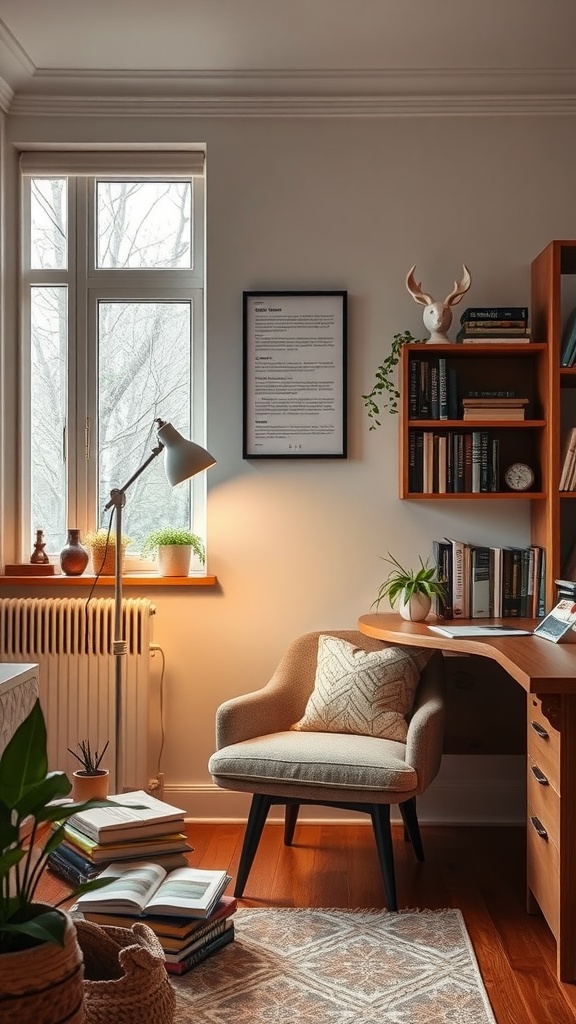 A cozy reading nook in a home office with a soft chair, bookshelves, and natural light.