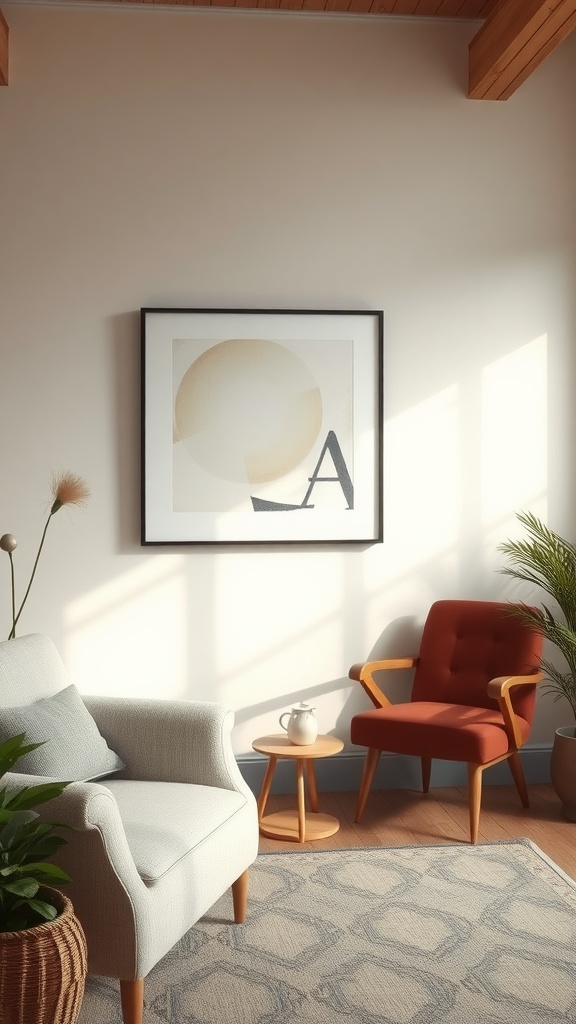 A cozy living room corner with a stylish armchair, modern artwork, and a plant.