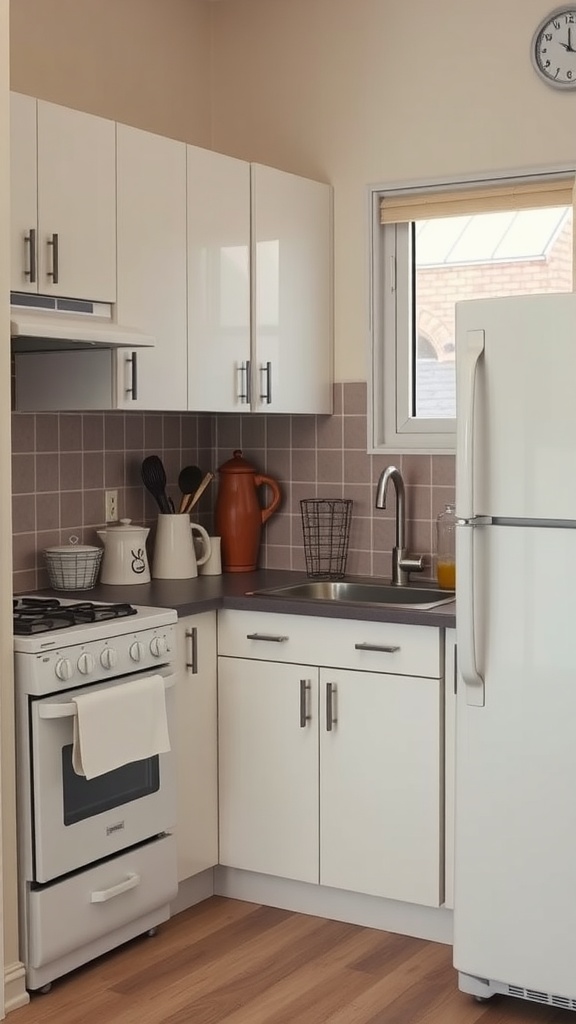 A small kitchen featuring a stove, sink, and refrigerator arranged for efficiency.
