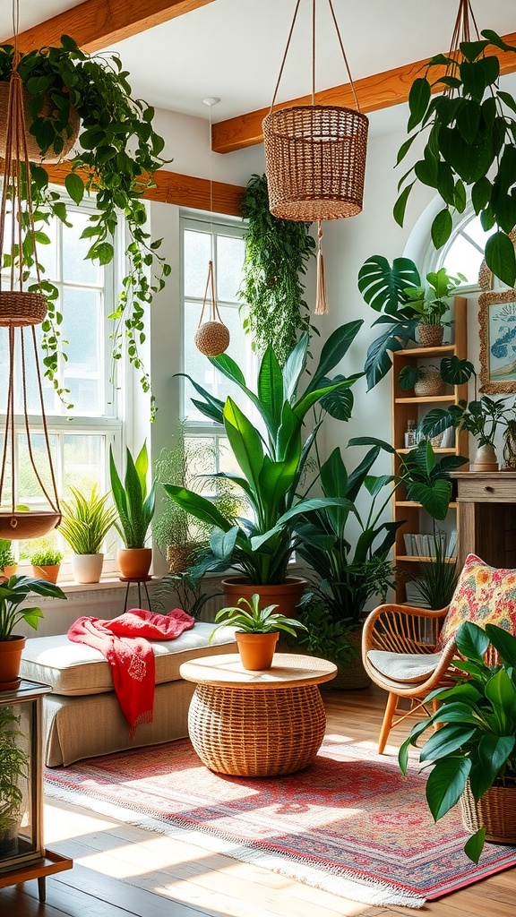 A cozy living room featuring various houseplants, a woven coffee table, and a vibrant red throw on a sofa, all under bright natural light.