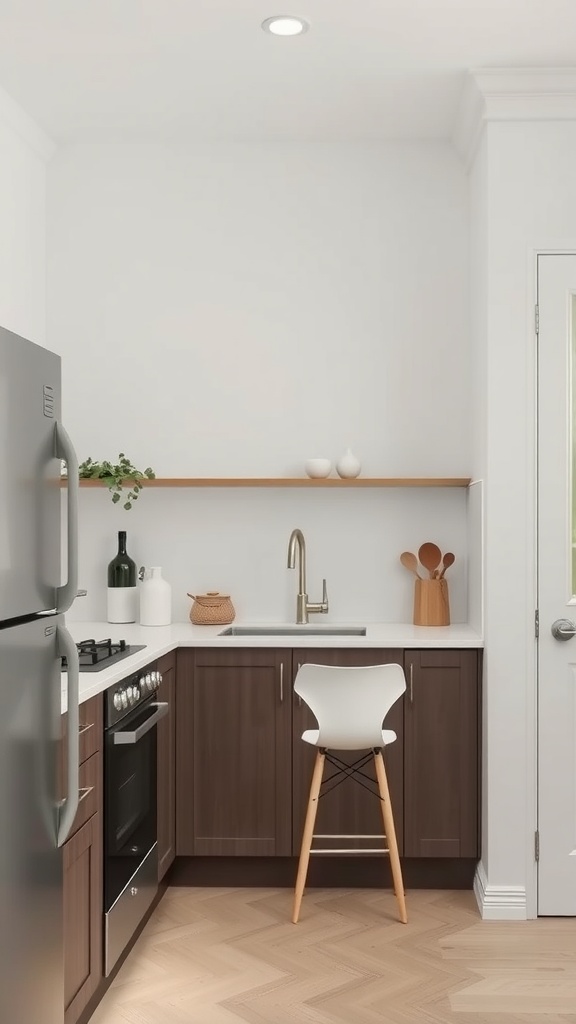 A minimalist small kitchen with wooden cabinets, white walls, a single chair, and an open shelf.