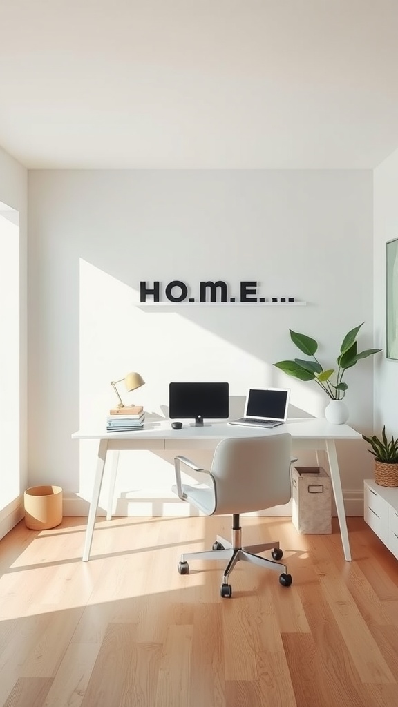 A minimalist home office featuring a white desk with two monitors, a lamp, books, and a plant, with natural light illuminating the space.