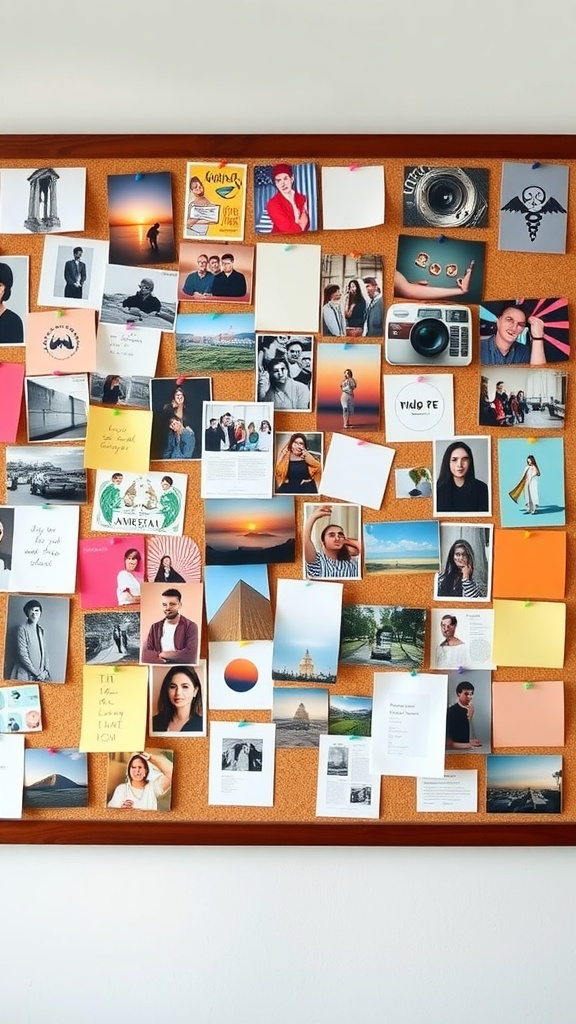 A corkboard filled with photos, notes, and color swatches for a mood board.