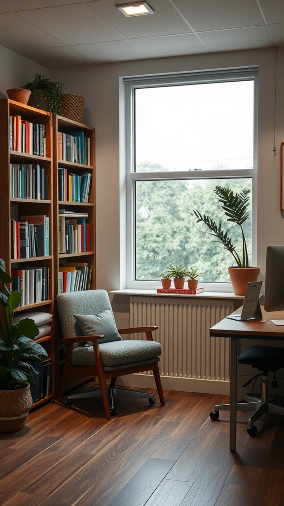 A cozy home office corner with a bookshelf, a reading chair, and plants by the window