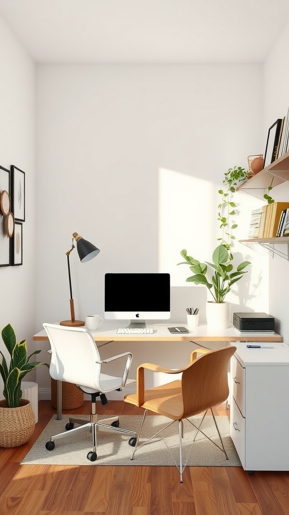 A stylish feminine home office featuring a modern desk, a computer, and decorative plants.