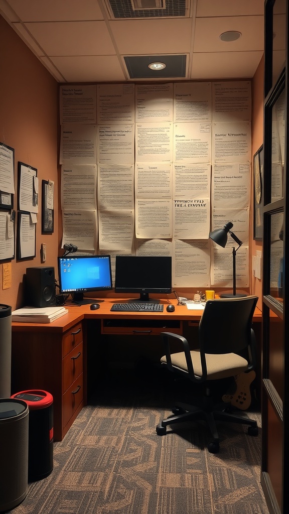 A compact home office setup featuring two monitors, a desk with organized papers, and a comfortable chair.