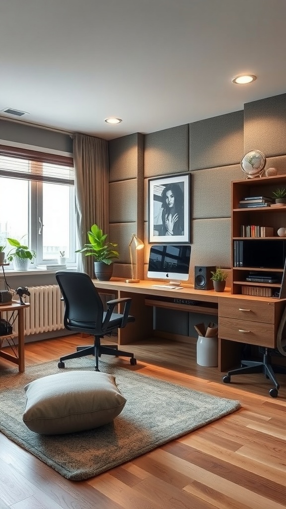 A modern home office with soundproofing features, a desk, chair, and plants.
